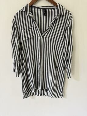 Bohome Striped Tunic Top Cover Up Yarn Dyed Womens Size M Black Beige Casual
